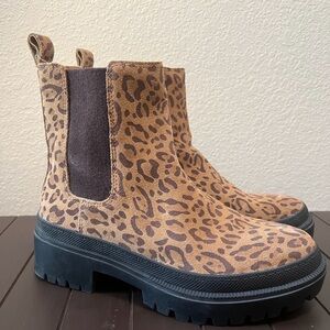 Women’s Lucky Brand Ellerey Leopard Suede Block Heel Lug Sole Chelsea Boots